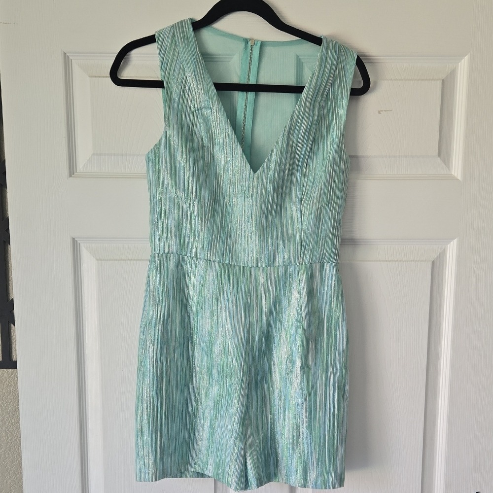 Ark‎ & Co Womens Mint Green Silver Metallic V-Neck Mesh Back Romper Small